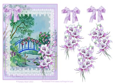 Blue Bridge and Aquilegia Decoupage Topper