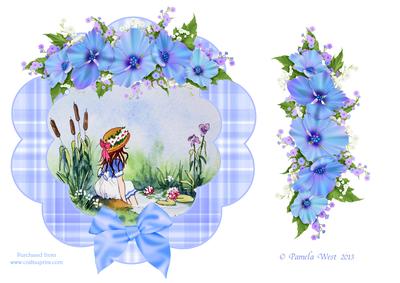 Cute Girl by the Pond with Floral Decoupage Frame