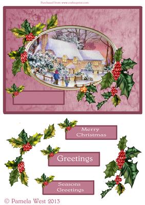 Cottages in the Snow with Holly Frame and Decoupage