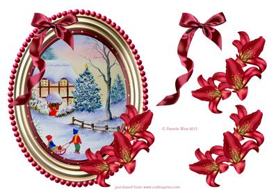 Sledging in the Snow with Red Lilies and Bow Decoupage