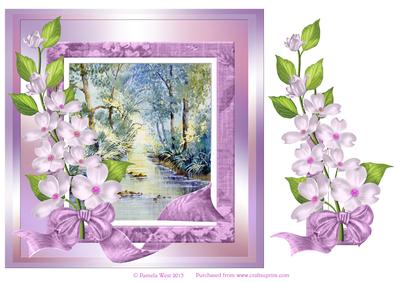 Forest Stream with Floral Frame Decoupage