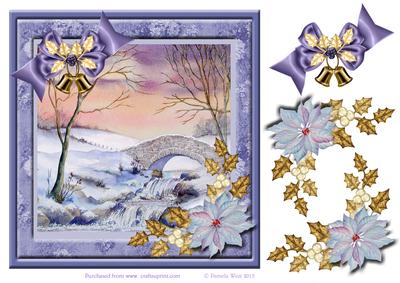 Bridge in Snow with Poinsettia and Gold Holly Decoupage