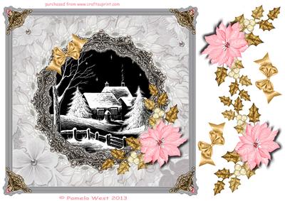 8x8 Black and White Christmas Cottage with Gold Holly