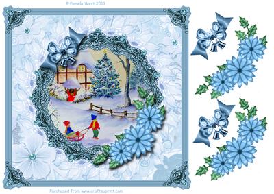 8x8 Sledging in the Snow with Blue Frame and Flowers
