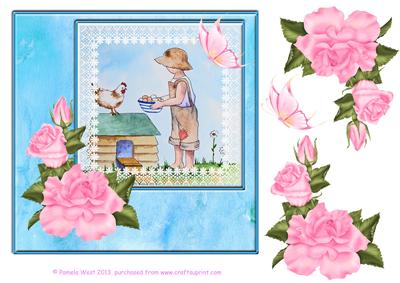 8x8 Silk with Roses - Boy Collecting Eggs Decoupage Sheet