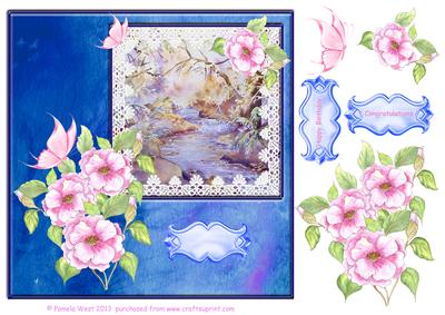 8x8 Silk with Camelia and Waterfall Scene Decoupage Sheet