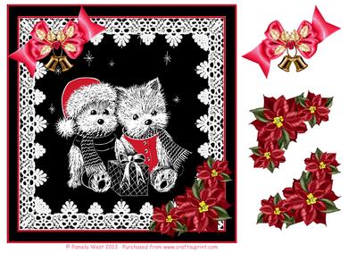 8x8 Black and White Christmas Westies with Poinsettia & Bow
