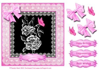 8x8 Black and White Roses with Butterfly Decoupage Sheet