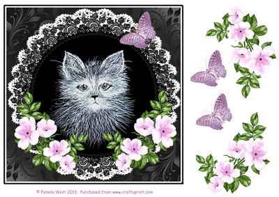 8x8 Black and White Cat with Wild Roses Decoupage