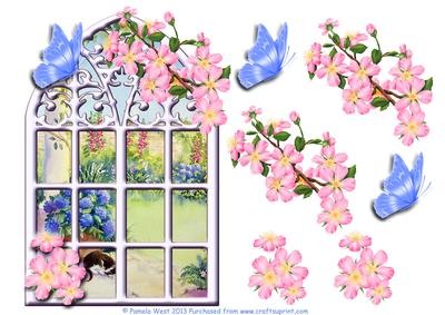 Over the Edge Window Card View of the Garden with Blossom