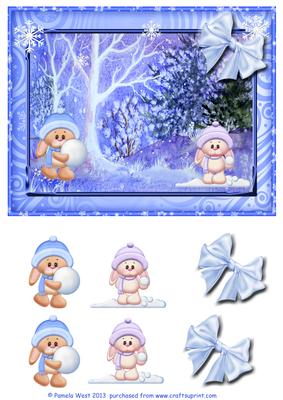 Snowbunnies Snow Ball Fight Decoupage Topper