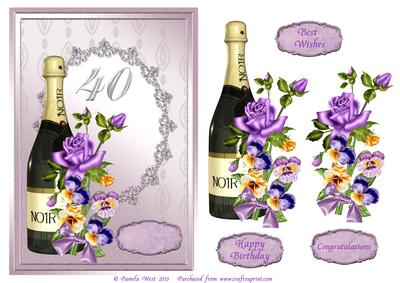 Champagne and Flowers 40th Birthday Decoupage Card
