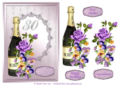 Champagne and Flowers 30th Birthday Decoupage Card