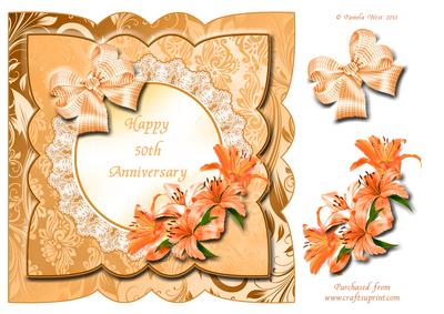 Golden Wedding Anniversary Card Front with Lilies and Bow