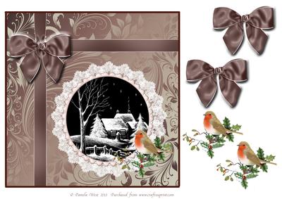 8x8 Black and White Cottages in Snow with Bow and Robin