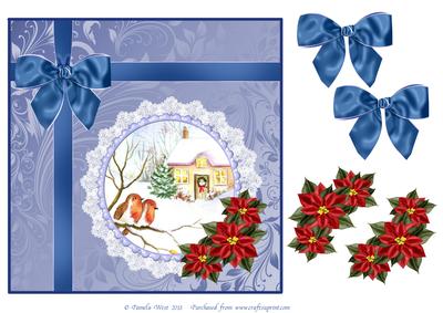 8x8 2 Robins with Bow and Poinsettia Decoupage