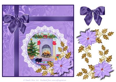 8x8 Cat by the Fire with Poinsettia and Bow Decoupage