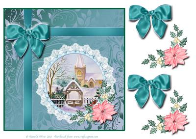 8x8 Church in Snow with Bow and Poinsettia Decoupage
