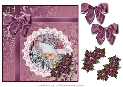 8x8 Cottage in Snow with Bow and Poinsettia Decoupage