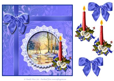 8x8 Forest Stream in Winter with Candle and Bow Decoupage