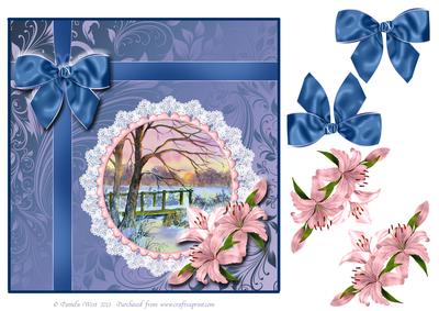 8x8 Winter Sunset Card with Lilies and Bow Decoupage