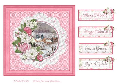 8x8 Winter Cottages Pink Christmas Card with Floral Frame