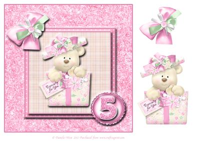 8x8 Pink Birthday Bear 5th Birthday with Decoupage