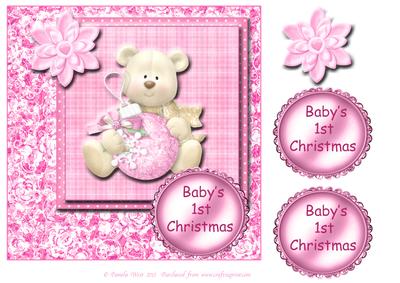 8x8 Baby Girl's First Christmas Card with Bear and Decoupage