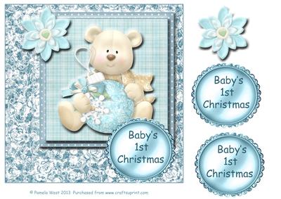 8x8 Baby Boys's First Christmas Card with Bear and Decoupage