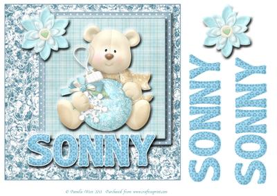 8x8 Baby's Christmas Name Card Sonny with Decoupage