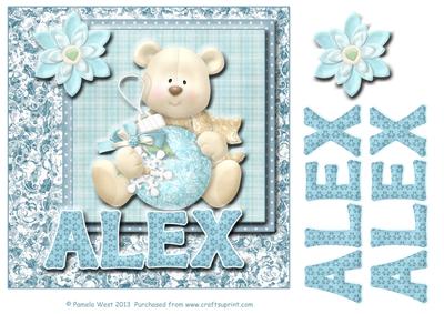 8x8 Baby's Christmas Name Card Alex with Decoupage
