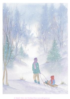 A4 Sledging in the Snow Watercolour Background