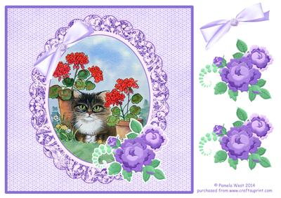 8 x 8 Cat and Geraniums Decoupage Card