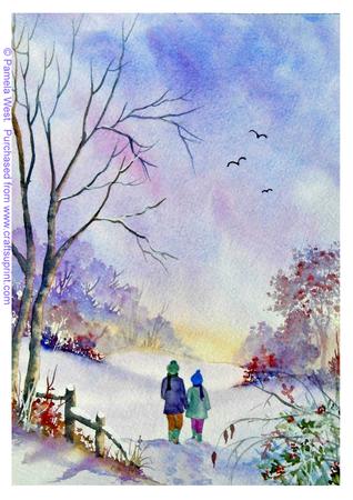 An Evening Walk in the Snow. Original Watercolour Painting