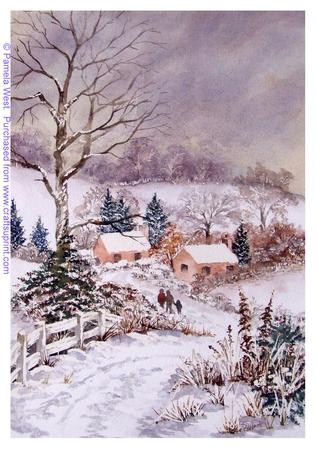Cottages in Snow Watercolour Painting