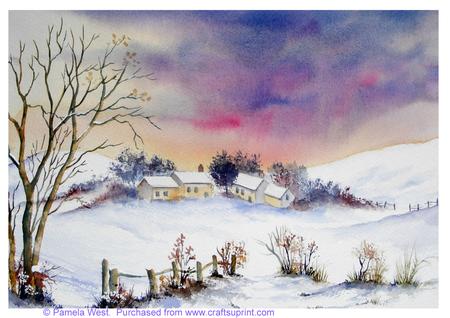 Farm in Snow Watercolour Painting