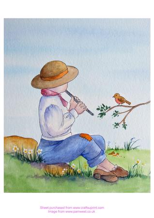 Original Watercolour Painting Boy Playing Flute