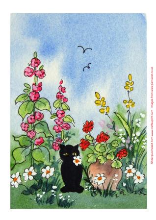 Cat and Hollyhocks Original Watercolour