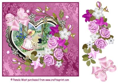 Girl Watering the Flowers with Heart Frame and Decoupage