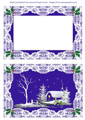 Blue Winter Snowscene with Lace and Holly