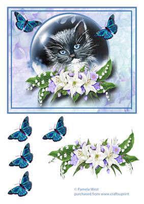 Cat in a Bubble with Lilies and Butterflies Decoupage Sheet