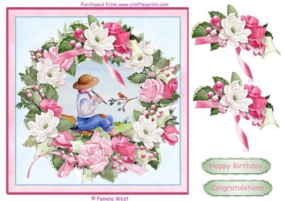 Boy Playing the Flute. Card Topper with Floral Decoupage
