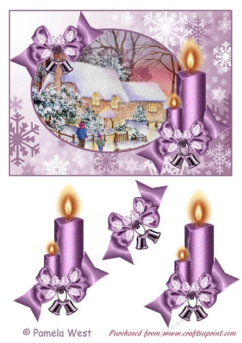 Cottages in snow with decoupage candles