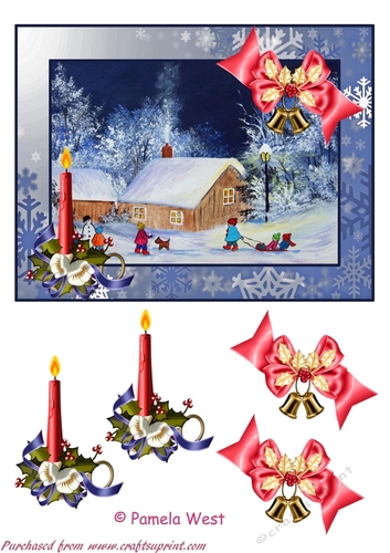 Playing in the Snow, card topper with decoupage