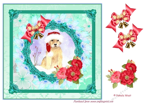 Santa Puppy 8x8 card topper with decoupage