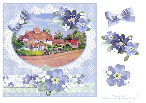 8x8 Thatched cottages with floral decoupage card topper