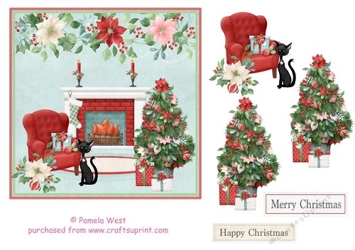 Black cat by the fireside Christmas card topper