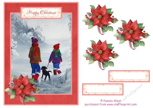 Walking the Dog. Christmas card topper with decoupage flowers and sentiments