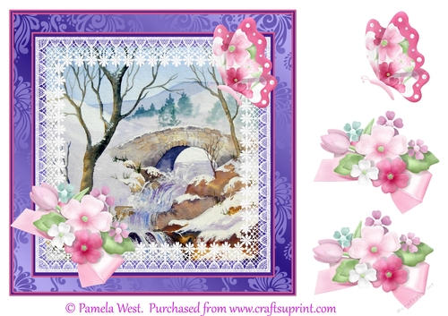 8x8 watercolour card topper with bridge in snow and decoupage
