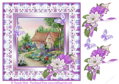 8x8 watercolour card topper of a cottage garden and decoupage
